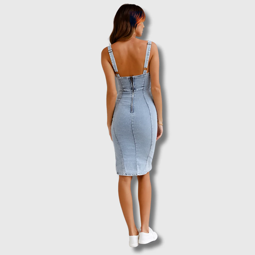Effortless Denim Bodycon Midi Dress for Women with Sweetheart Neck Spaghetti Strap Ruched Side Slit Style
