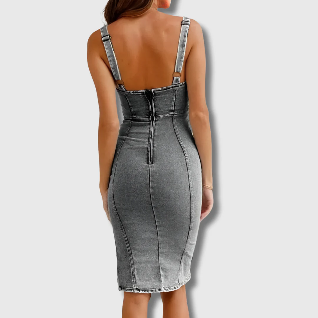 Effortless Denim Bodycon Midi Dress for Women with Sweetheart Neck Spaghetti Strap Ruched Side Slit Style