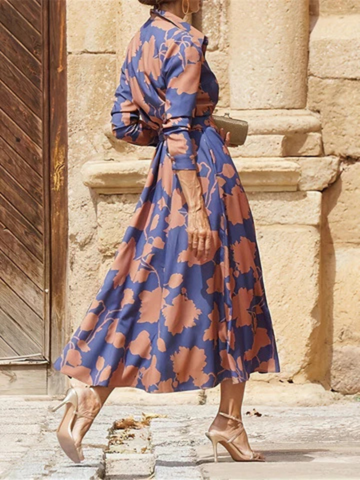 Effortless Blue and Orange Printed Maxi Dress for Women with Collared Neck Long Sleeve Belted Flowy Style
