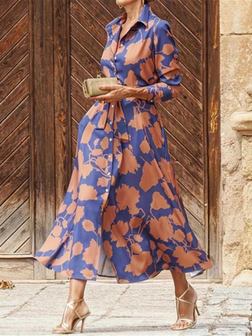 Effortless Blue and Orange Printed Maxi Dress for Women with Collared Neck Long Sleeve Belted Flowy Style