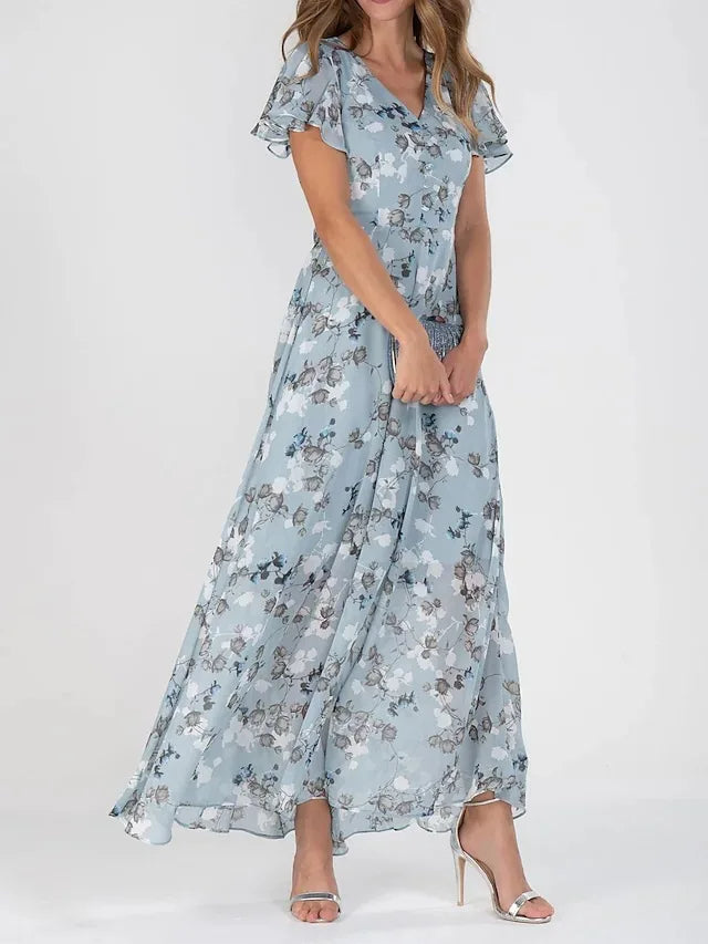 Blair | Chiffon Floral Flutter Sleeve V Neck Maxi Dress