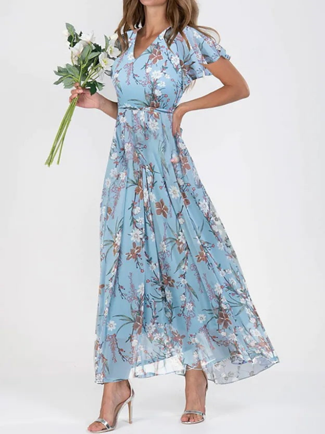 Blair | Chiffon Floral Flutter Sleeve V Neck Maxi Dress