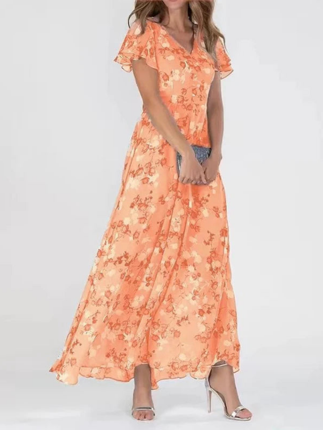 Blair | Chiffon Floral Flutter Sleeve V Neck Maxi Dress