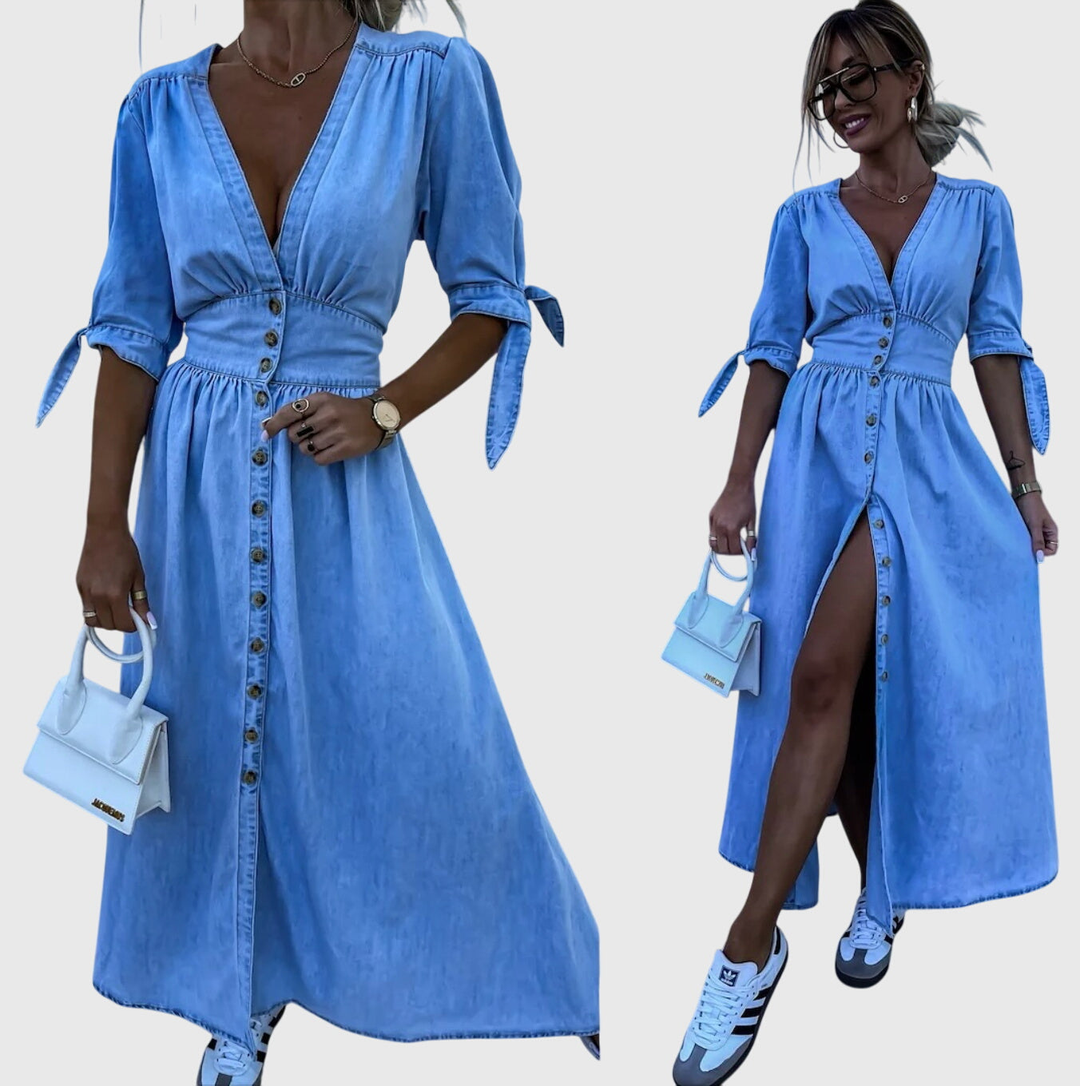 Luna | Denim V Neck Button Front Tie Sleeve Midi Dress
