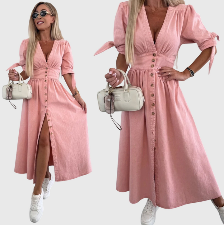 Luna | Denim V Neck Button Front Tie Sleeve Midi Dress