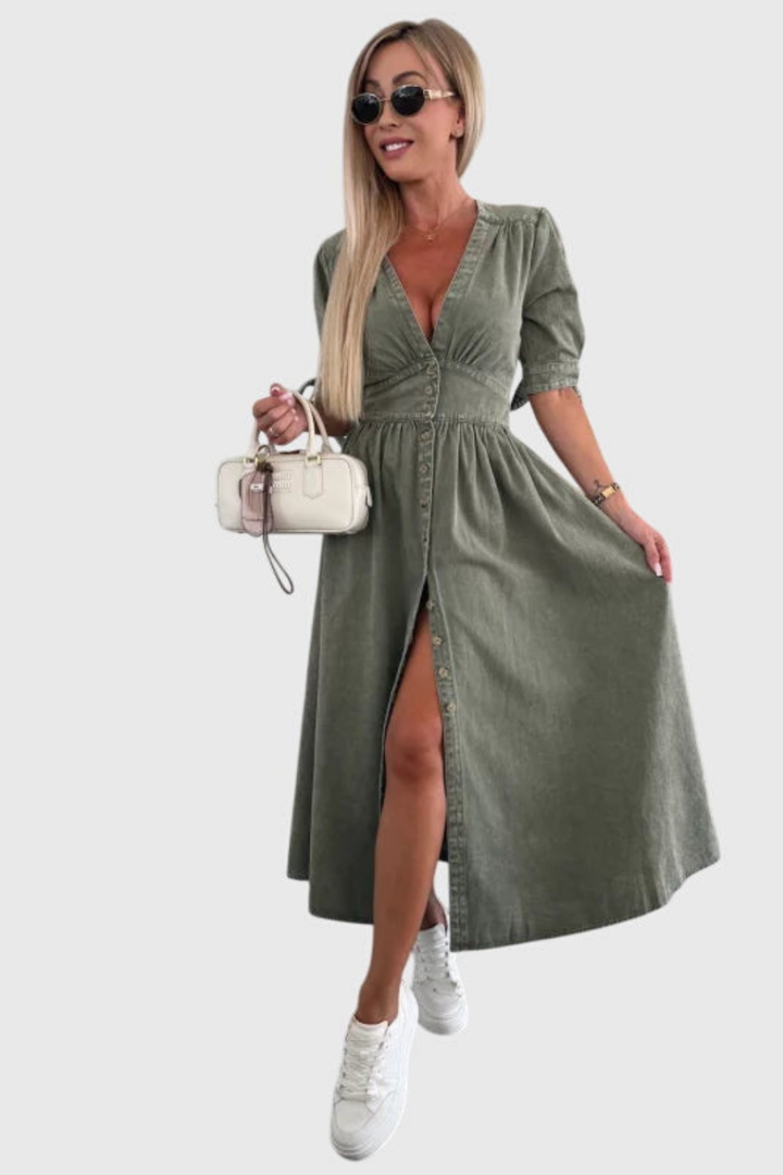 Luna | Denim V Neck Button Front Tie Sleeve Midi Dress