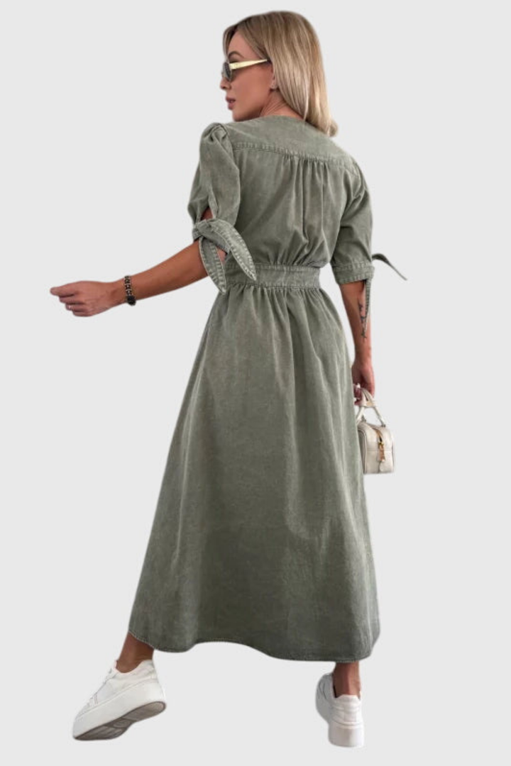 Luna | Denim V Neck Button Front Tie Sleeve Midi Dress