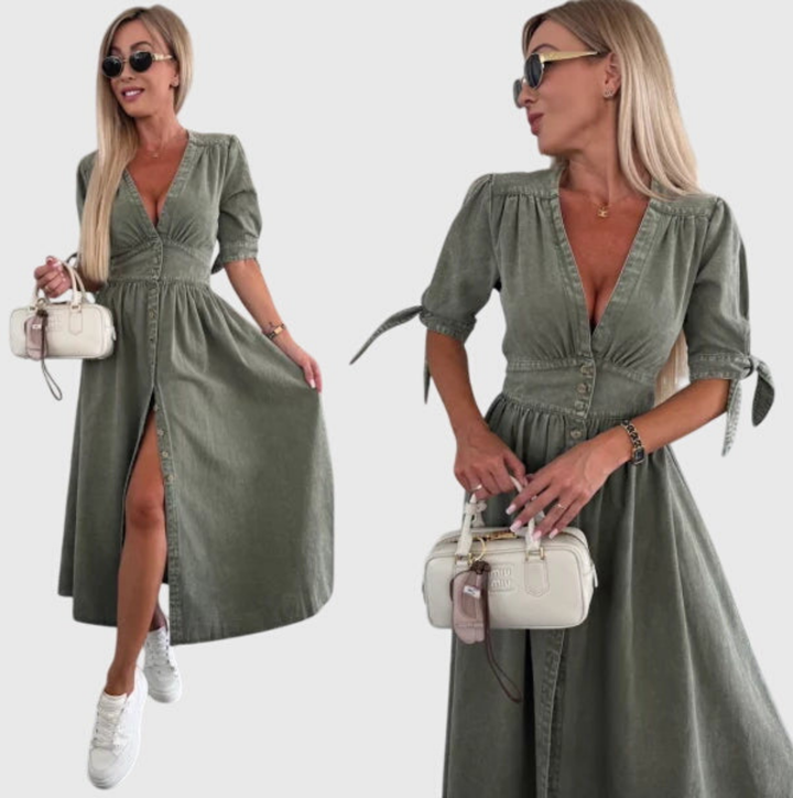 Luna | Denim V Neck Button Front Tie Sleeve Midi Dress