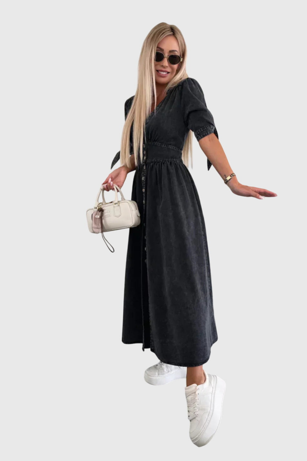 Luna | Denim V Neck Button Front Tie Sleeve Midi Dress