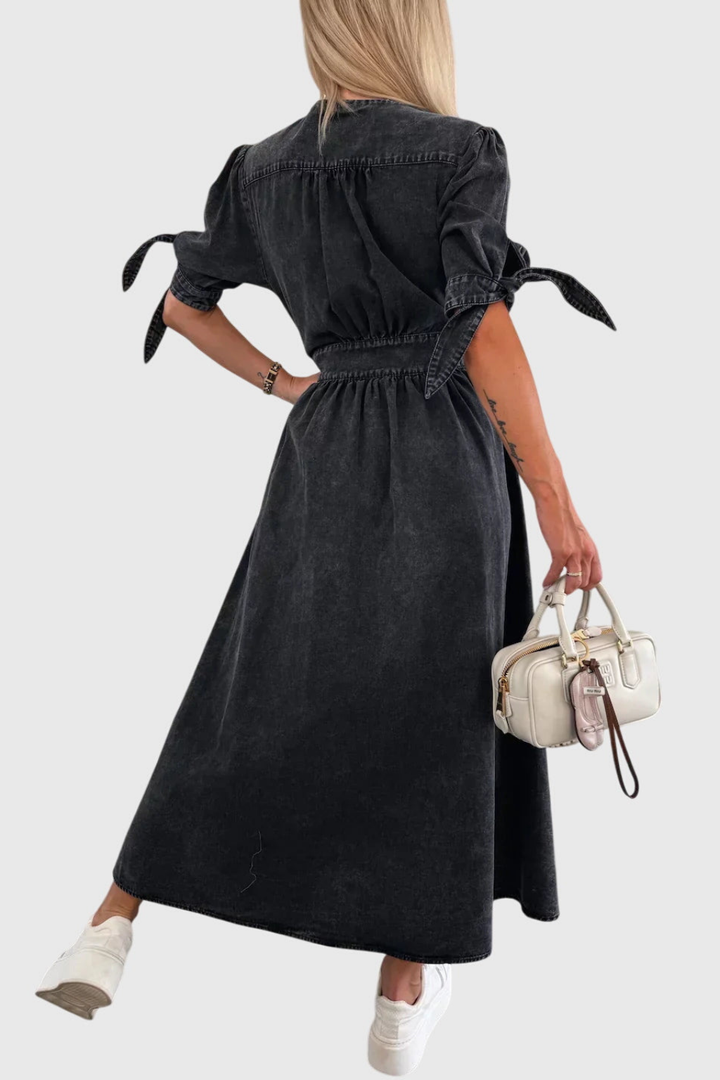 Luna | Denim V Neck Button Front Tie Sleeve Midi Dress