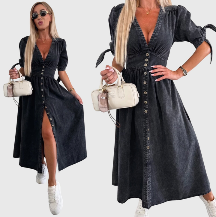 Luna | Denim V Neck Button Front Tie Sleeve Midi Dress