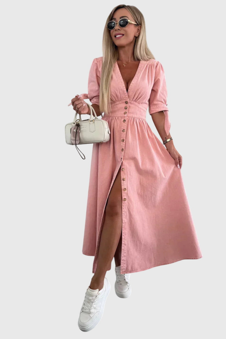 Luna | Denim V Neck Button Front Tie Sleeve Midi Dress
