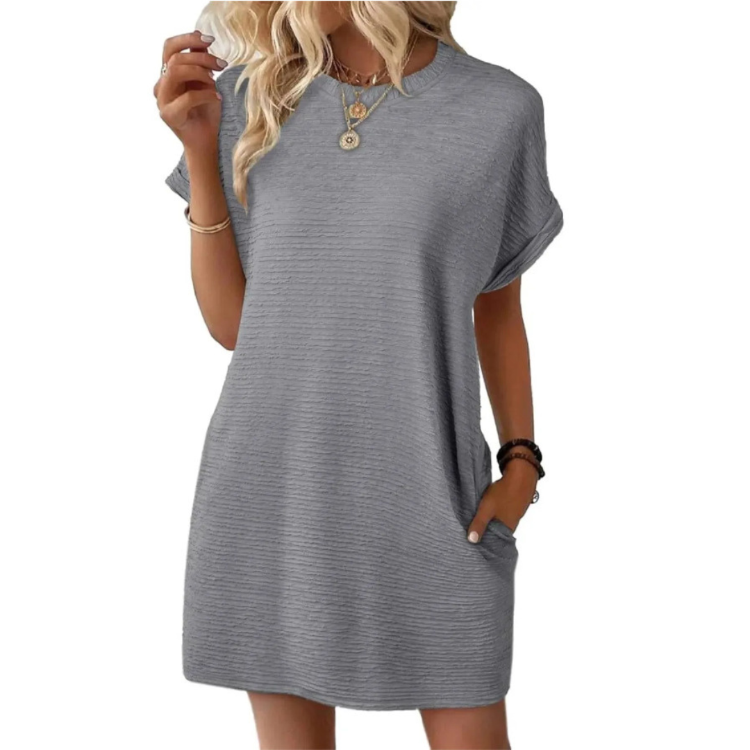 Freya | Stretch Textured Crew Neck Pocket Short Sleeve Mini Dress