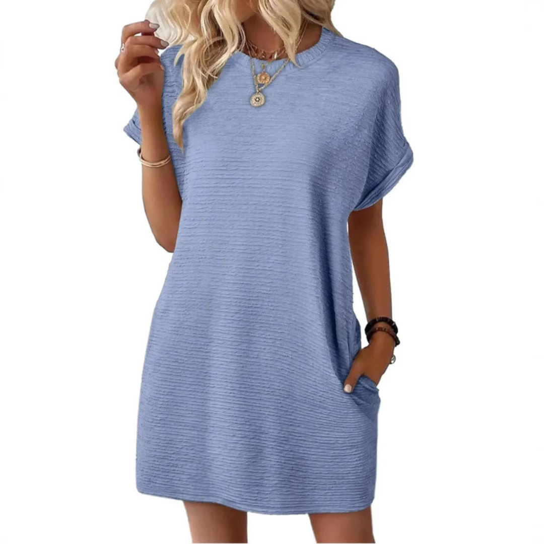 Freya | Stretch Textured Crew Neck Pocket Short Sleeve Mini Dress