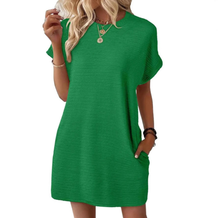 Freya | Stretch Textured Crew Neck Pocket Short Sleeve Mini Dress
