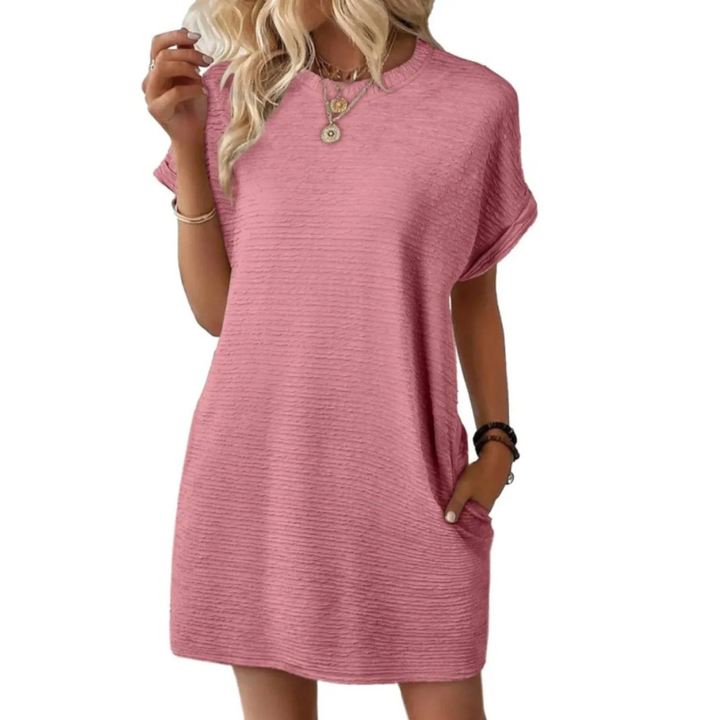Freya | Stretch Textured Crew Neck Pocket Short Sleeve Mini Dress