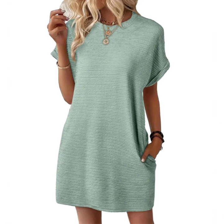 Freya | Stretch Textured Crew Neck Pocket Short Sleeve Mini Dress