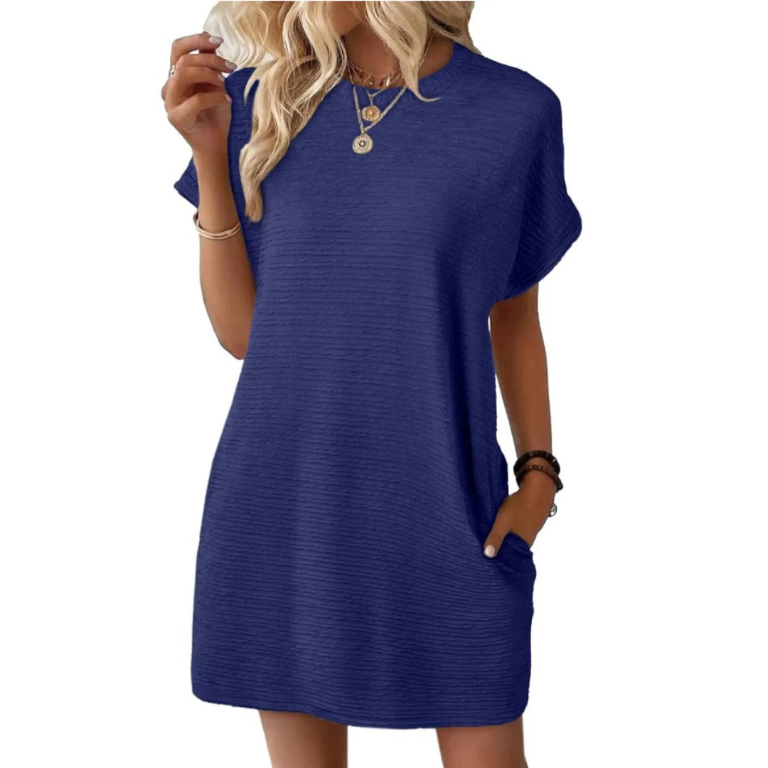 Freya | Stretch Textured Crew Neck Pocket Short Sleeve Mini Dress
