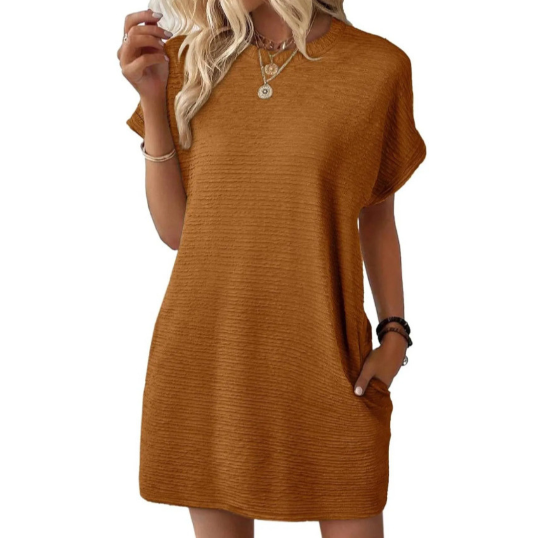 Freya | Stretch Textured Crew Neck Pocket Short Sleeve Mini Dress
