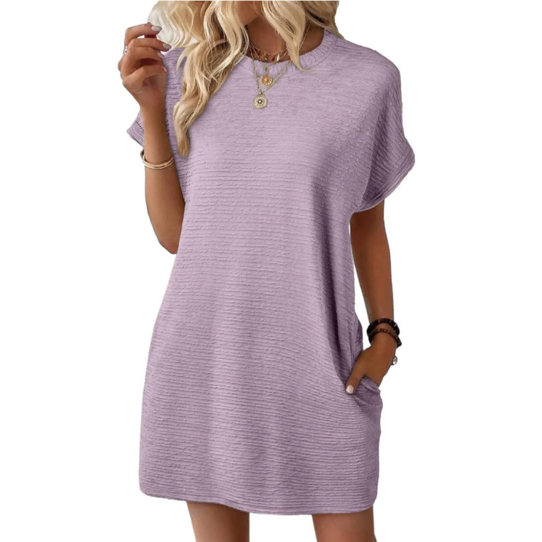 Freya | Stretch Textured Crew Neck Pocket Short Sleeve Mini Dress