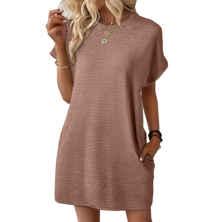 Freya | Stretch Textured Crew Neck Pocket Short Sleeve Mini Dress