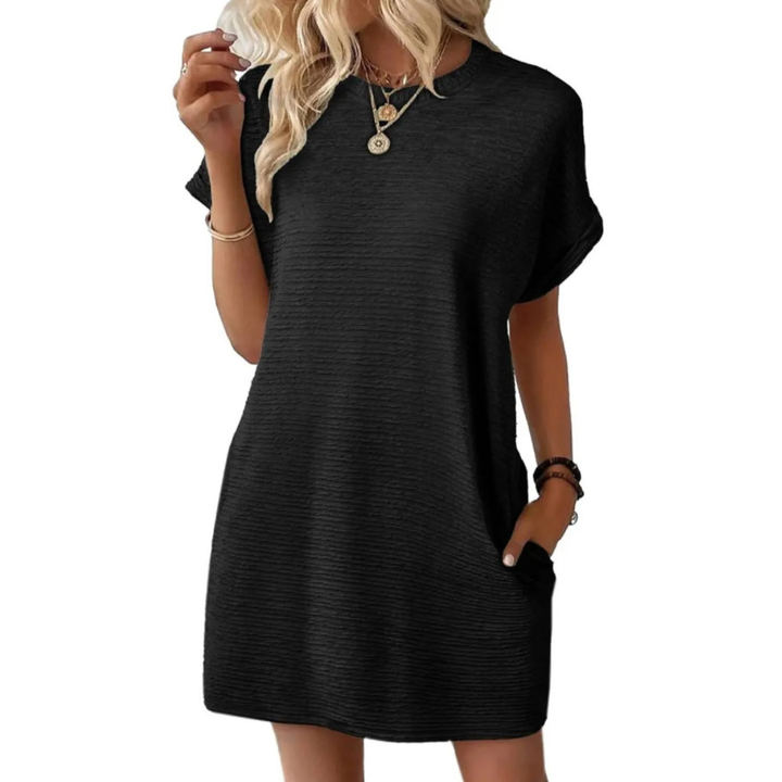 Freya | Stretch Textured Crew Neck Pocket Short Sleeve Mini Dress