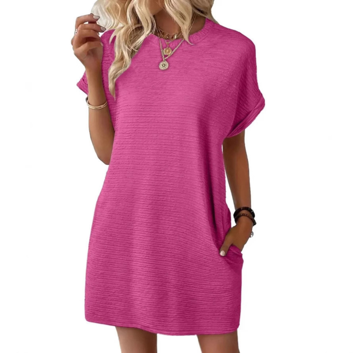 Freya | Stretch Textured Crew Neck Pocket Short Sleeve Mini Dress