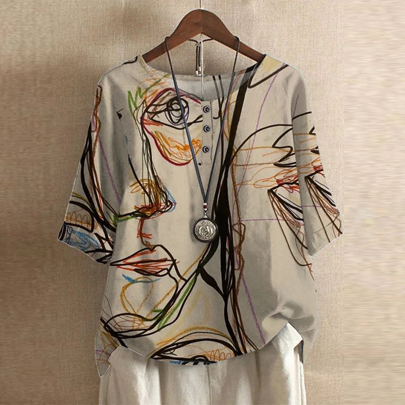 Effortless Patchwork Print Blouse for Women with Round Neck Elbow Sleeve Relaxed Bohemian Style