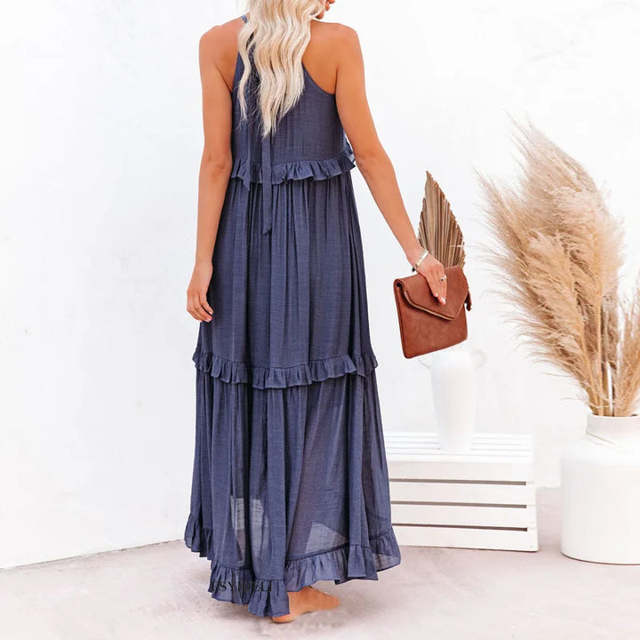 Elegant Tiered Chiffon Maxi Cocktail Dress for Women with Halter Neckline Ruffle Layers Flowing Skirt