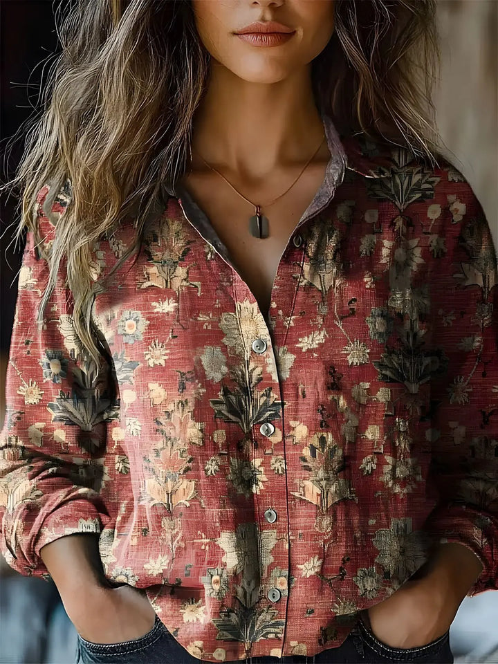 Effortless Floral Print Blouse for Women with V Neck Long Sleeve Quarter Zip Oversized Bohemian Style