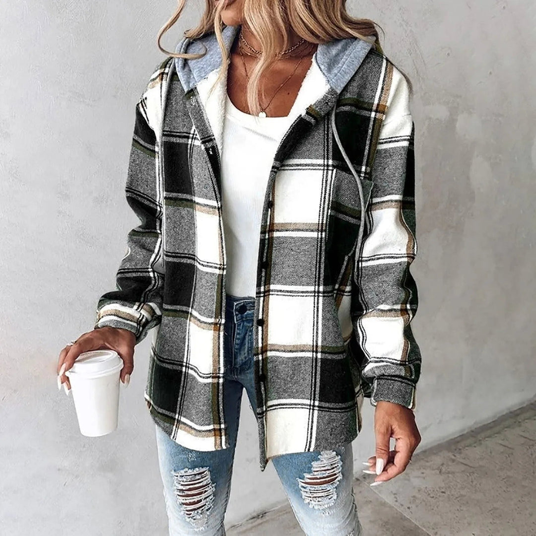 Effortless Plaid Flannel Shacket for Women with Hooded Long Sleeve Button Front Chest Pocket Oversized Style