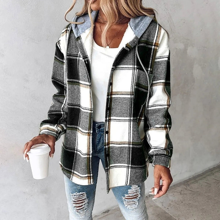 Effortless Plaid Flannel Shacket for Women with Hooded Long Sleeve Button Front Chest Pocket Oversized Style