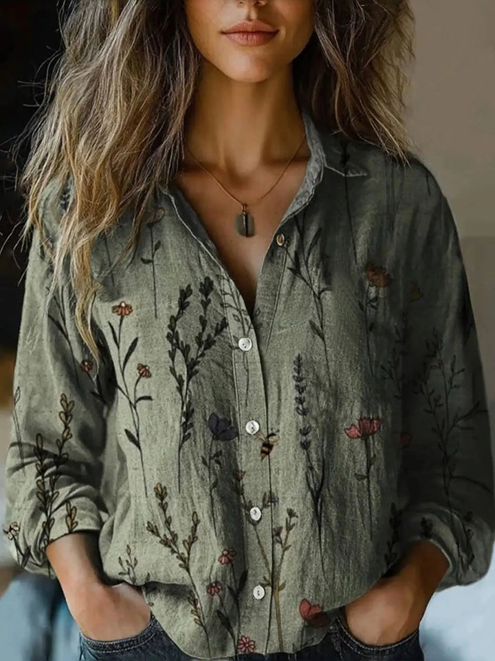 Effortless Floral Print Blouse for Women with V Neck Long Sleeve Quarter Zip Oversized Bohemian Style