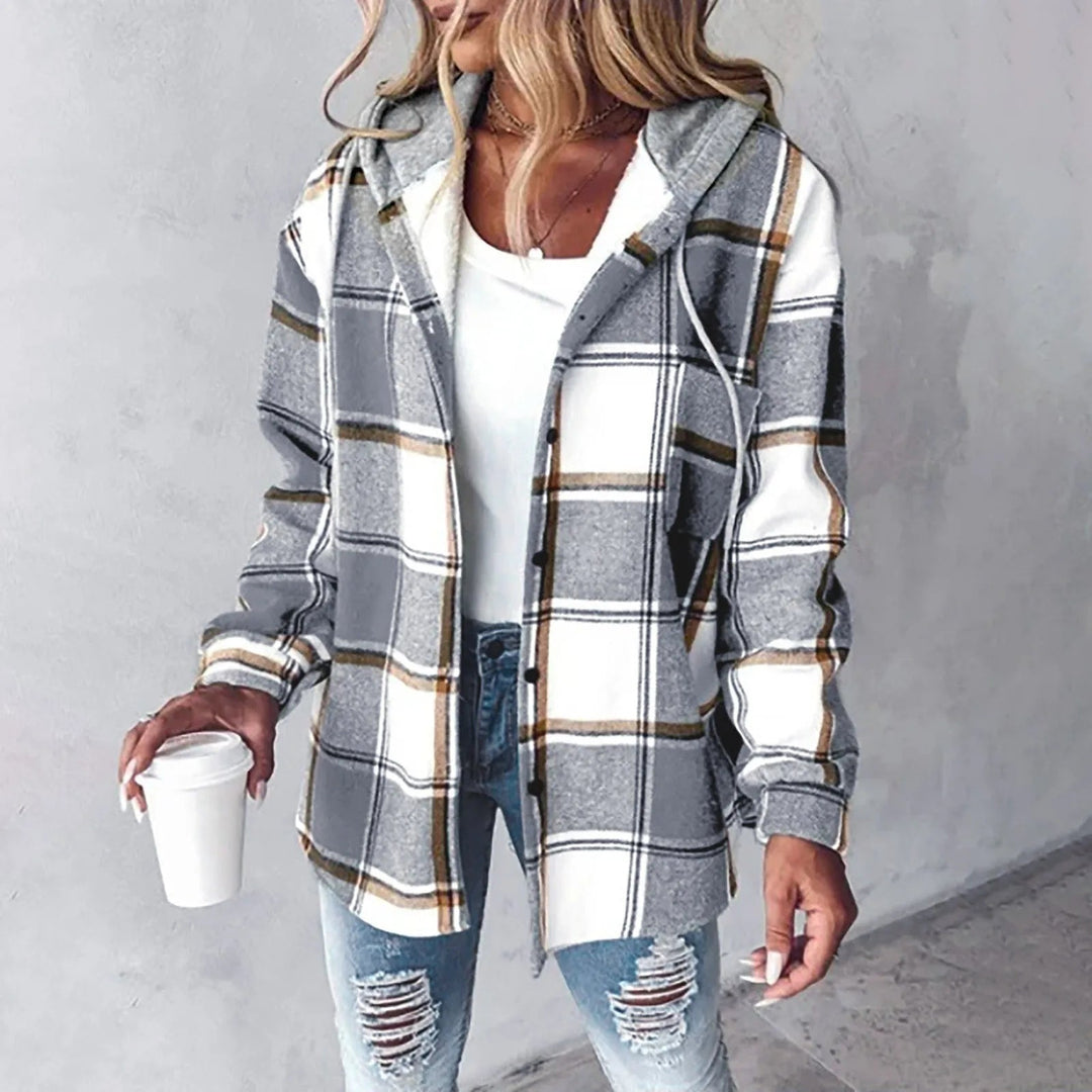 Effortless Plaid Flannel Shacket for Women with Hooded Long Sleeve Button Front Chest Pocket Oversized Style