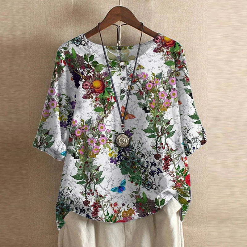Effortless Patchwork Print Blouse for Women with Round Neck Elbow Sleeve Relaxed Bohemian Style