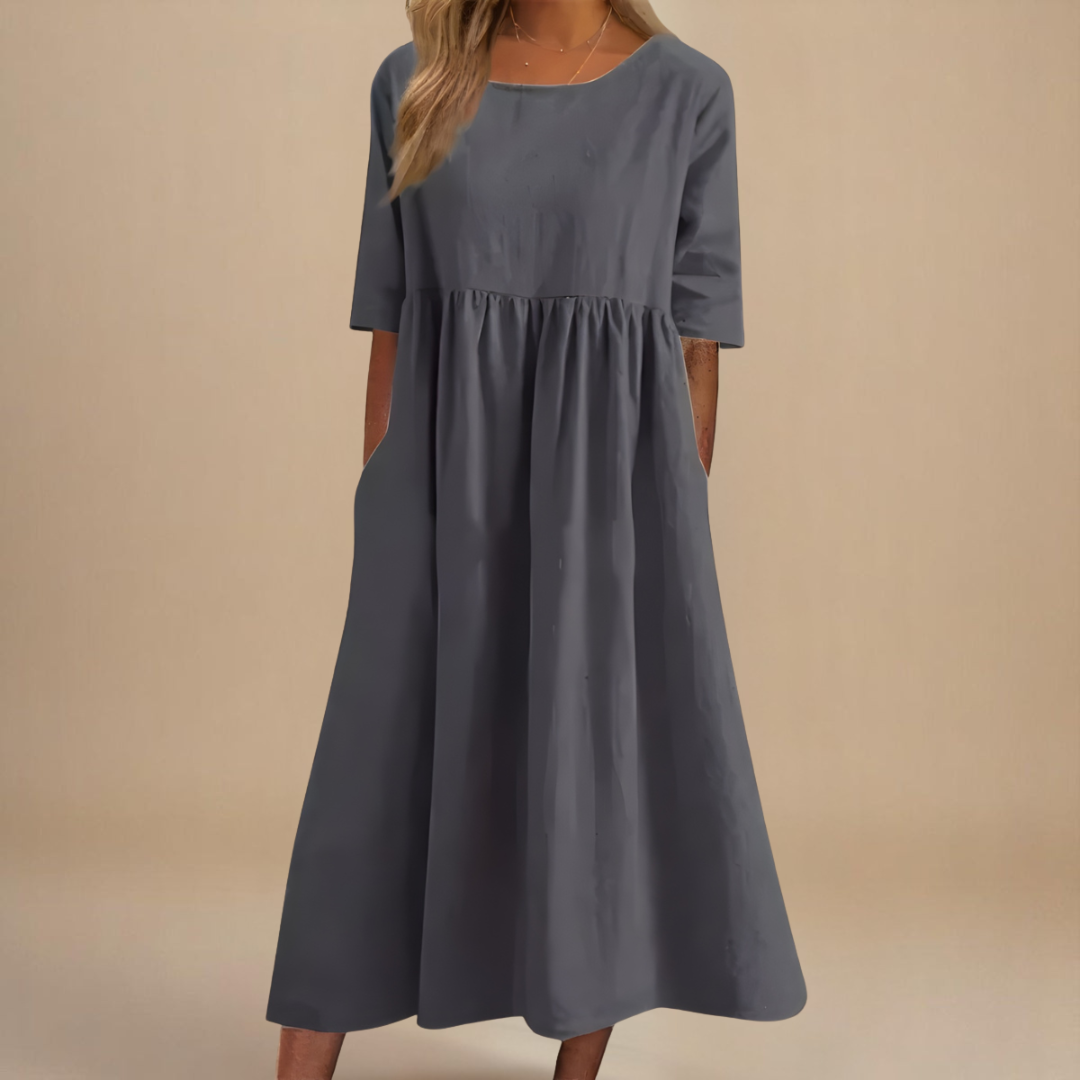 Eleanor | Linen Gathered Waist Elbow Sleeve Midi Dress