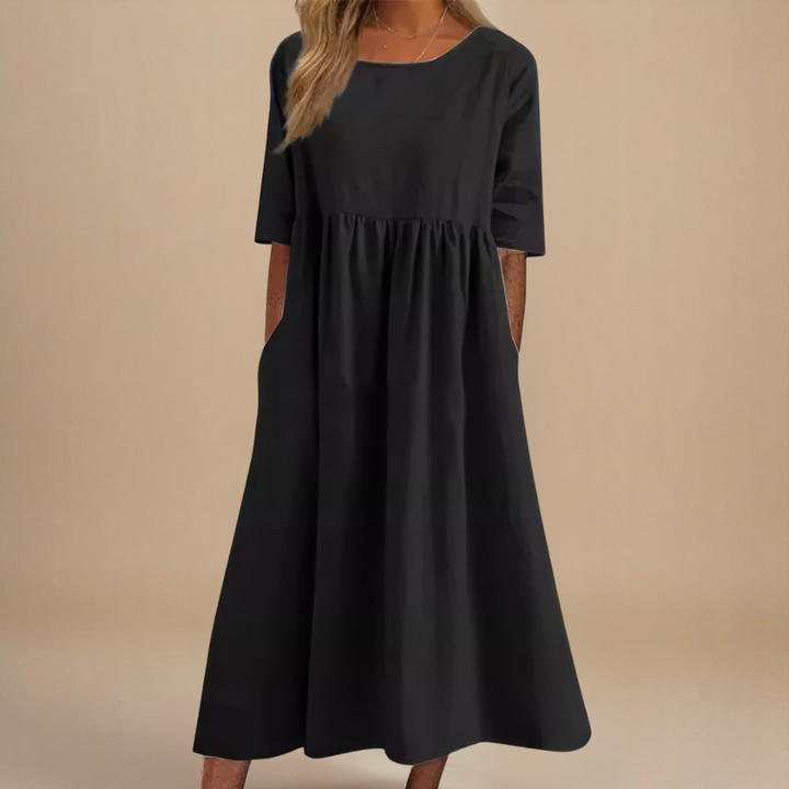 Eleanor | Linen Gathered Waist Elbow Sleeve Midi Dress