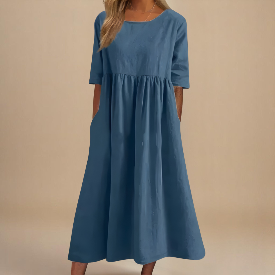 Eleanor | Linen Gathered Waist Elbow Sleeve Midi Dress