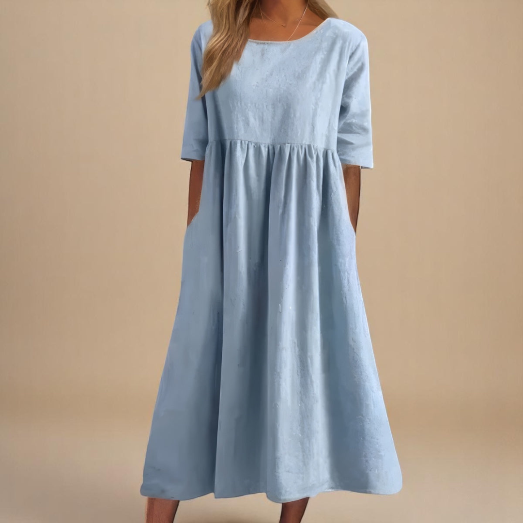 Eleanor | Linen Gathered Waist Elbow Sleeve Midi Dress
