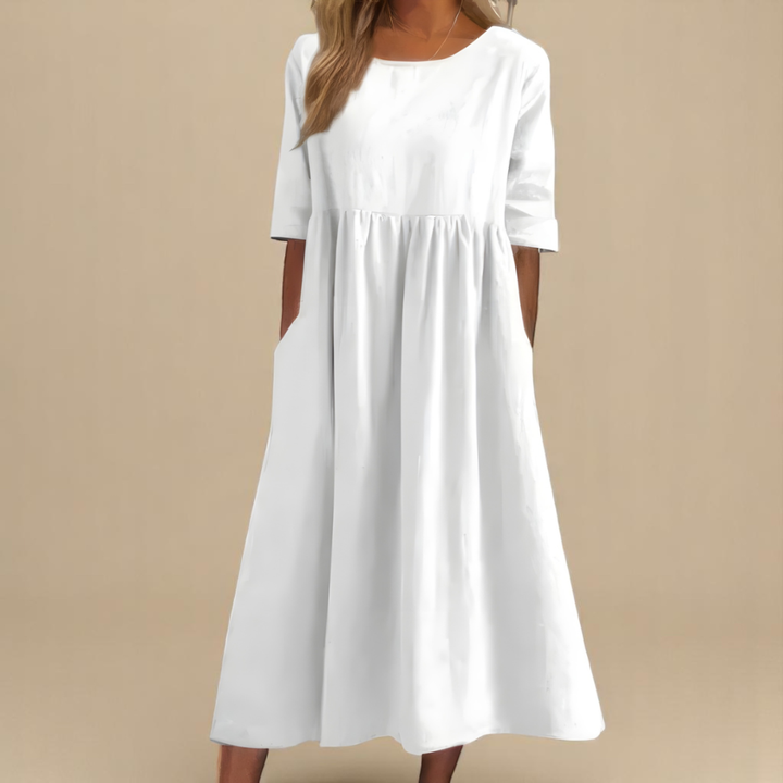 Eleanor | Linen Gathered Waist Elbow Sleeve Midi Dress