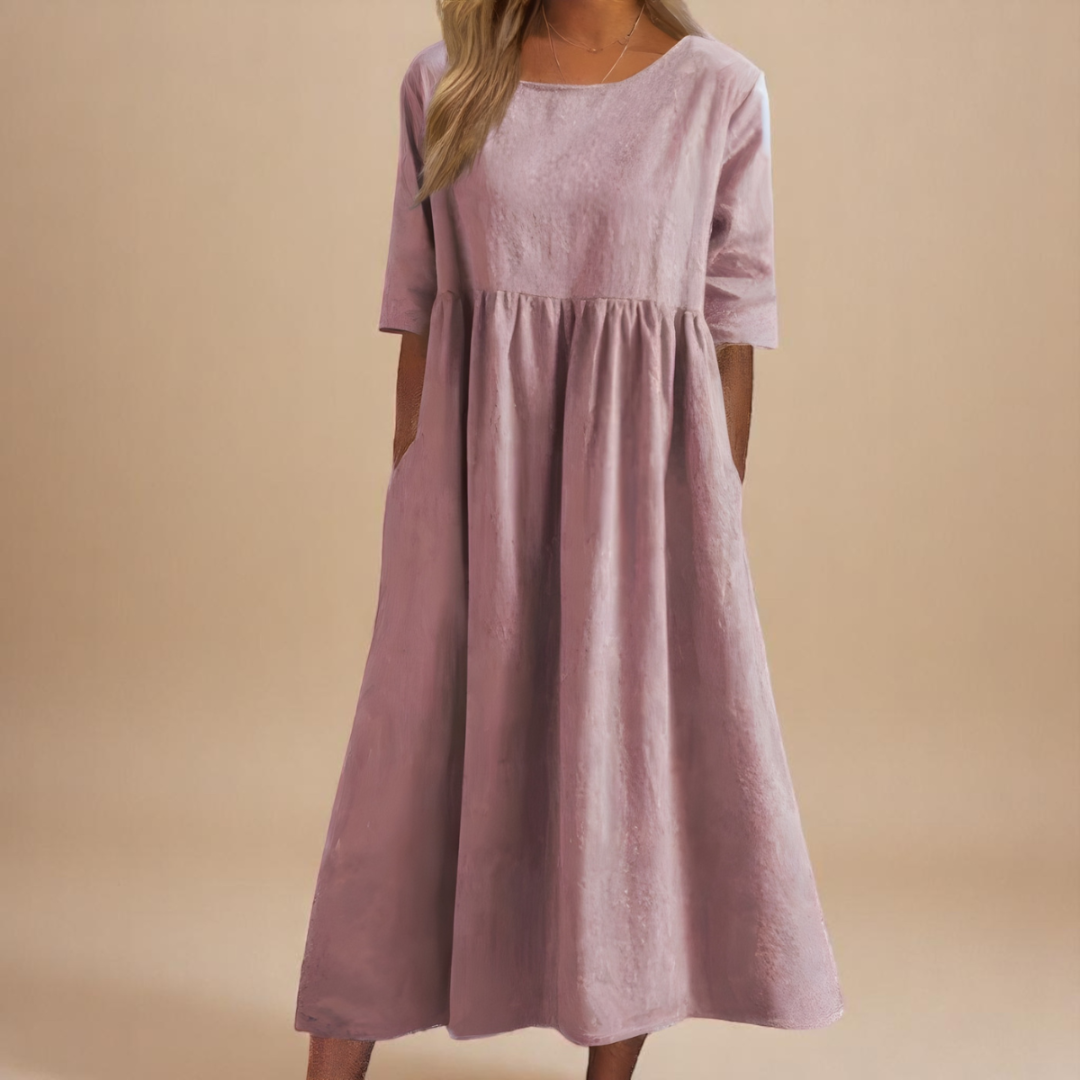 Eleanor | Linen Gathered Waist Elbow Sleeve Midi Dress