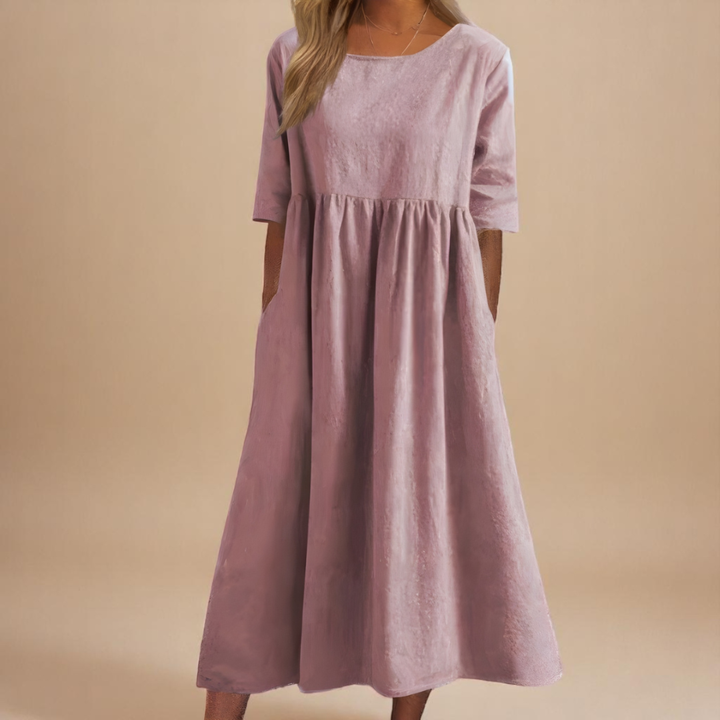 Eleanor | Linen Gathered Waist Elbow Sleeve Midi Dress