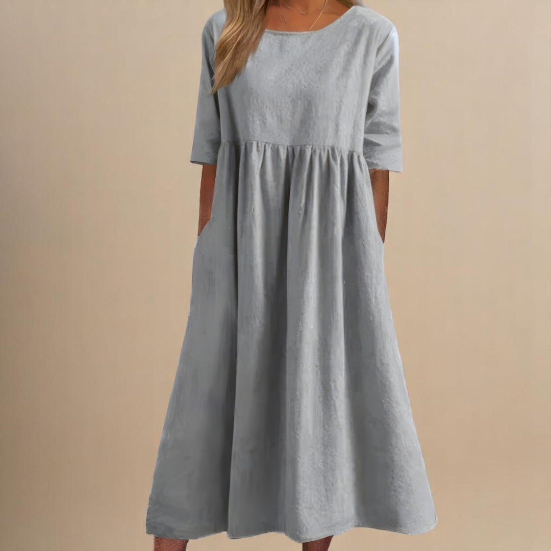 Eleanor | Linen Gathered Waist Elbow Sleeve Midi Dress