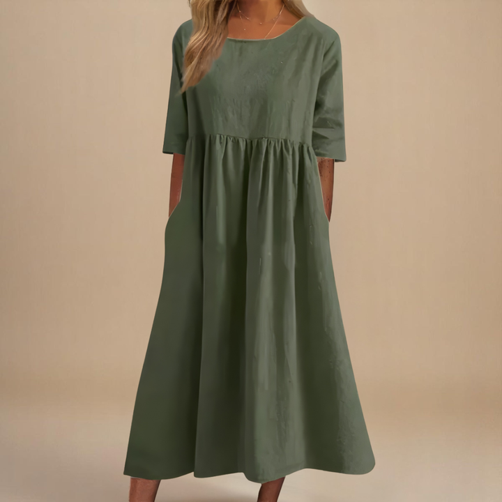 Eleanor | Linen Gathered Waist Elbow Sleeve Midi Dress