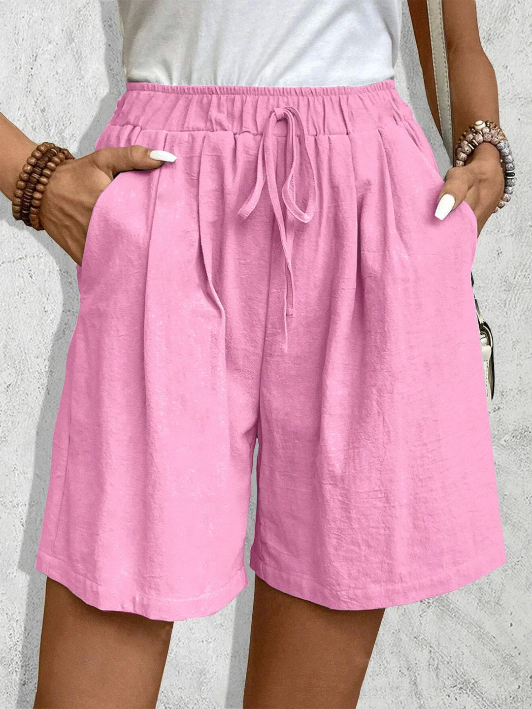 Effortless Linen Wide Leg Shorts for Women with Elastic Waist Drawstring Relaxed Casual Style