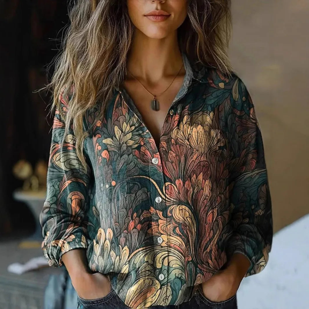 Effortless Floral Print Blouse for Women with V Neck Long Sleeve Quarter Zip Oversized Bohemian Style