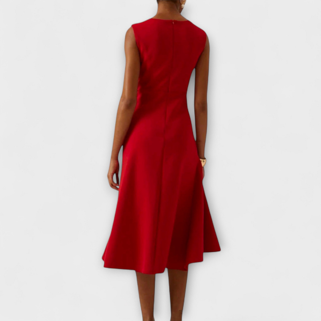 Cassidy | Stretch Sleeveless Draped Knot Ruffle Midi Dress