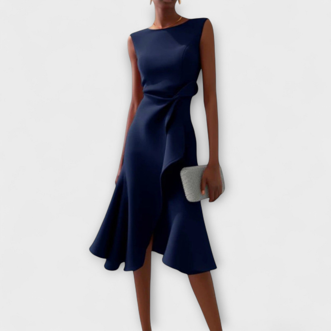 Cassidy | Stretch Sleeveless Draped Knot Ruffle Midi Dress