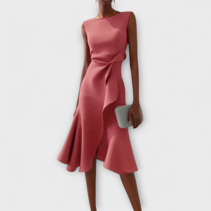 Cassidy | Stretch Sleeveless Draped Knot Ruffle Midi Dress