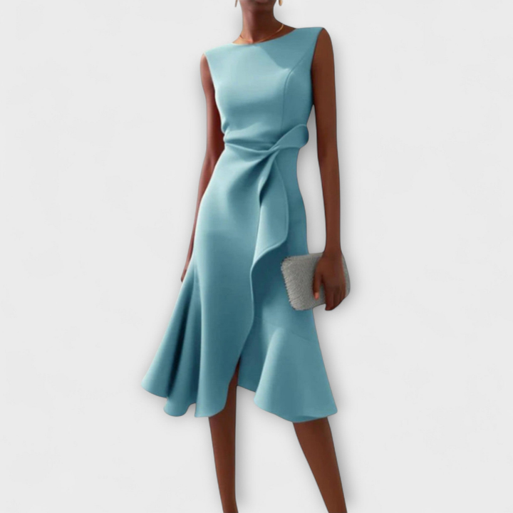 Cassidy | Stretch Sleeveless Draped Knot Ruffle Midi Dress
